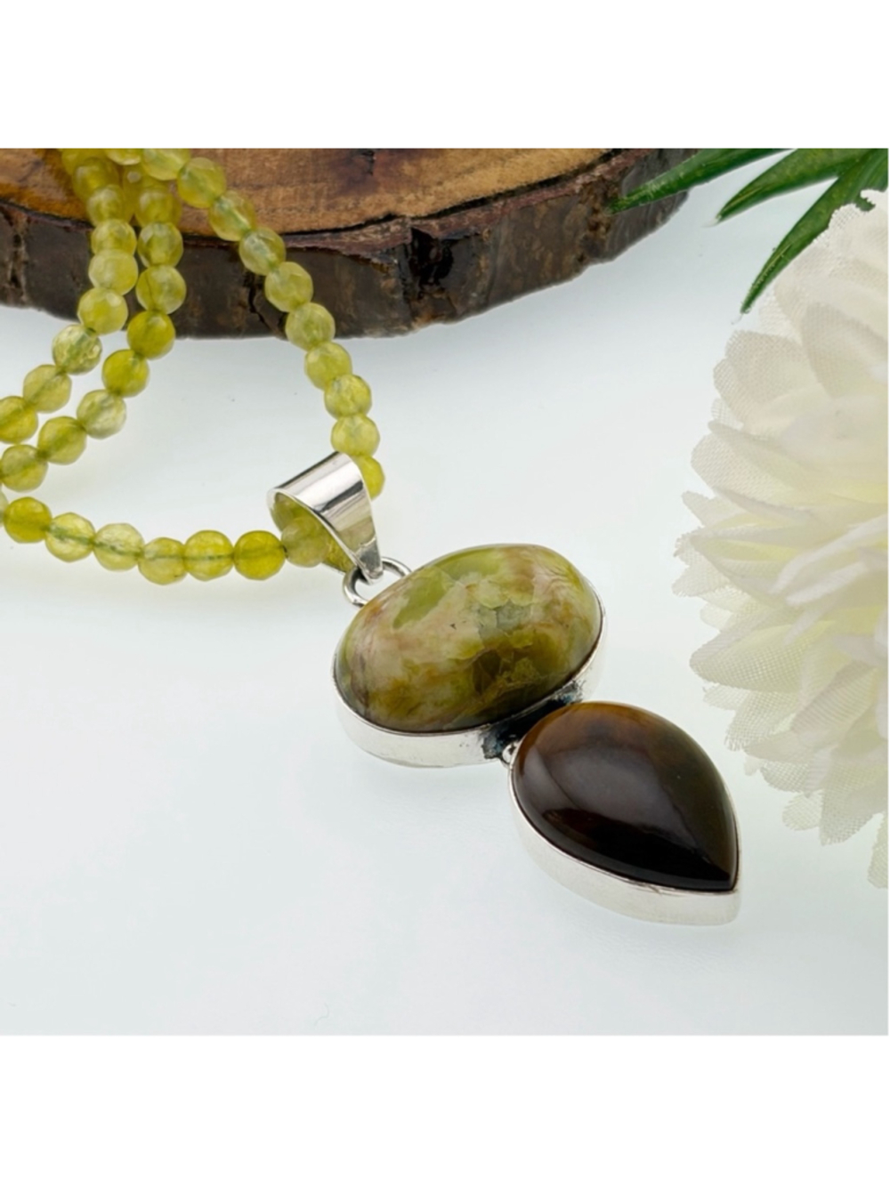 Green Opal & Tiger's Eye Pendant Necklace Southwest Boho 925 Sterling Silver New - Picture 4 of 8